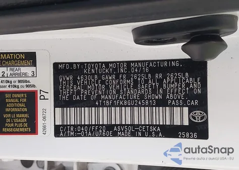 2016 Toyota Camry Se from USA, damaged, VIN 4T1BF1FK8GU245813